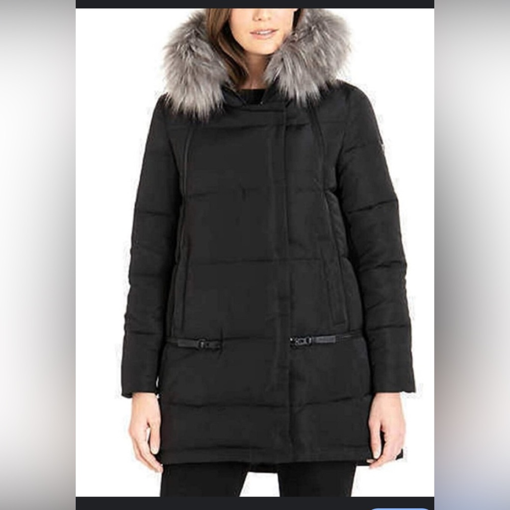 Derek Lam 10 Crosby Women's Black Puffer down Coat with Faux Fur Trim